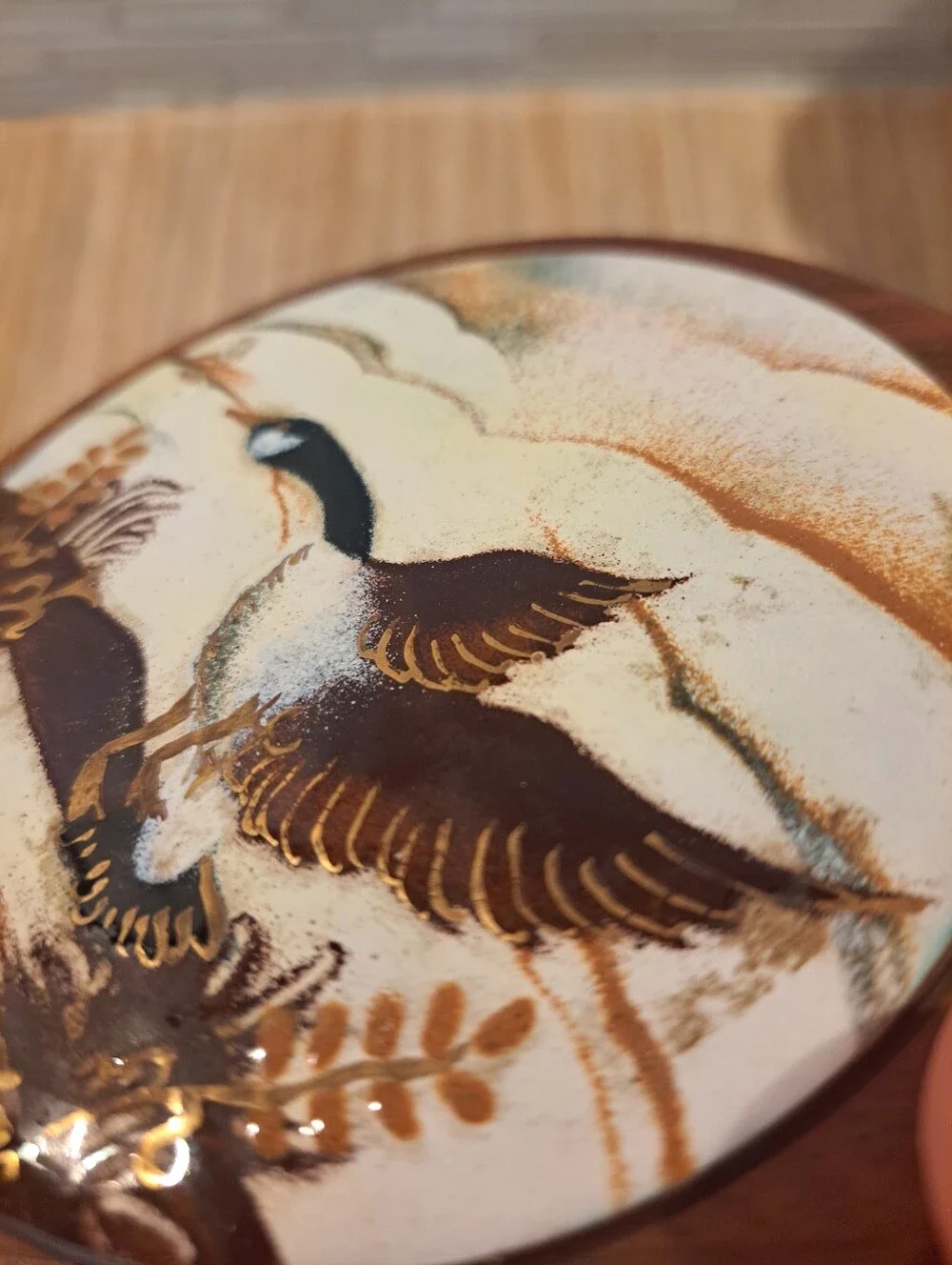Enamel On Copper Round Wood Trinket Box. Geese